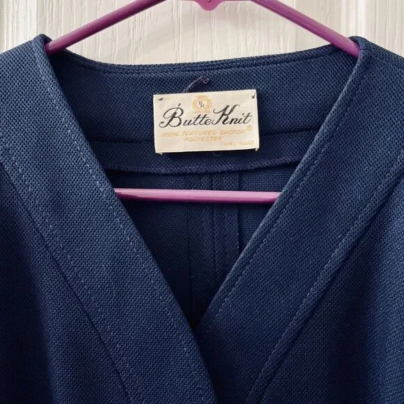 Vtg Butte Knit A Line Dress Dacron Polyester Gogo Mod 60s Navy Blue Smock Coat - Picture 2 of 9